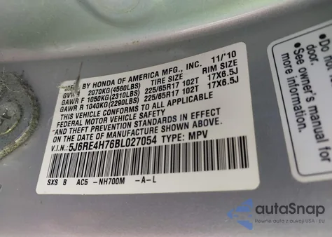 2011 Honda Cr-V Ex-L z USA, uszkodzony, nr VIN 5J6RE4H76BL027054